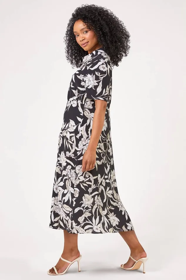Black Petite Floral Print Relaxed Shirt Dress Women Roman Dresses