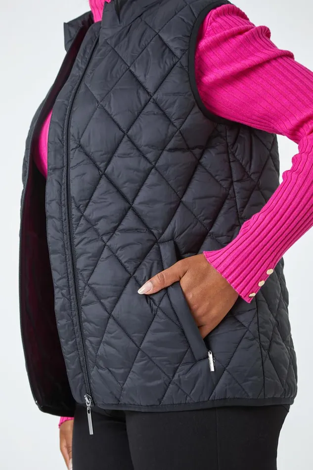 Black Petite Hooded Quilted Gilet Women Roman Coats