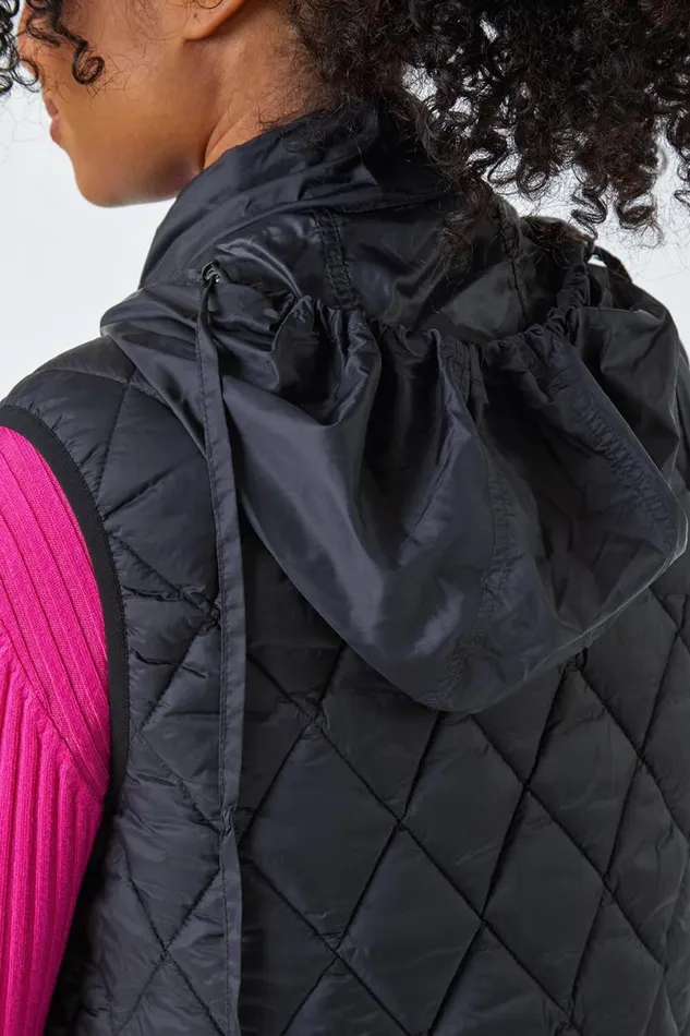 Black Petite Hooded Quilted Gilet Women Roman Coats
