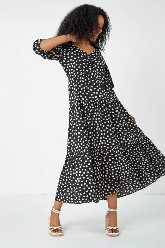Black Petite Polka Dot Tiered Midi Dress Women Roman Dresses