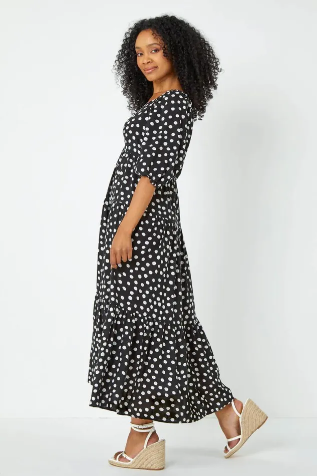 Black Petite Polka Dot Tiered Midi Dress Women Roman Dresses