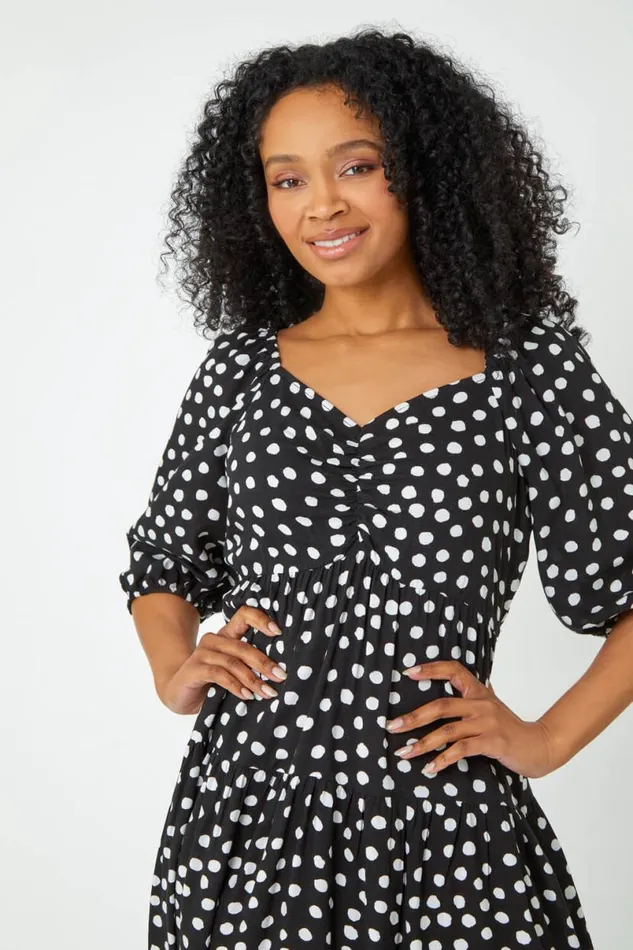 Black Petite Polka Dot Tiered Midi Dress Women Roman Dresses