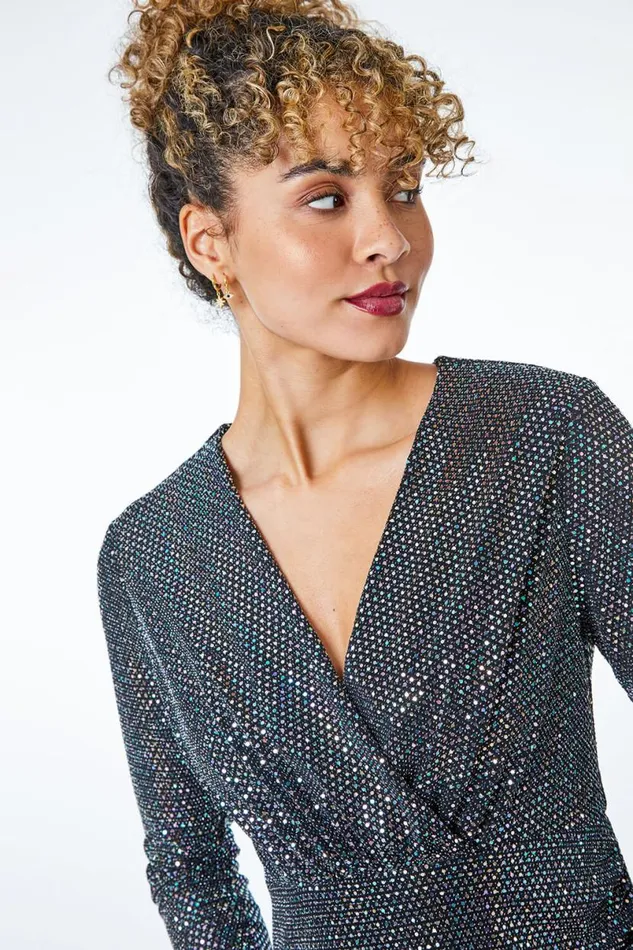 Black Petite Sparkle Embellished Ruched Wrap Dress Women Roman Dresses