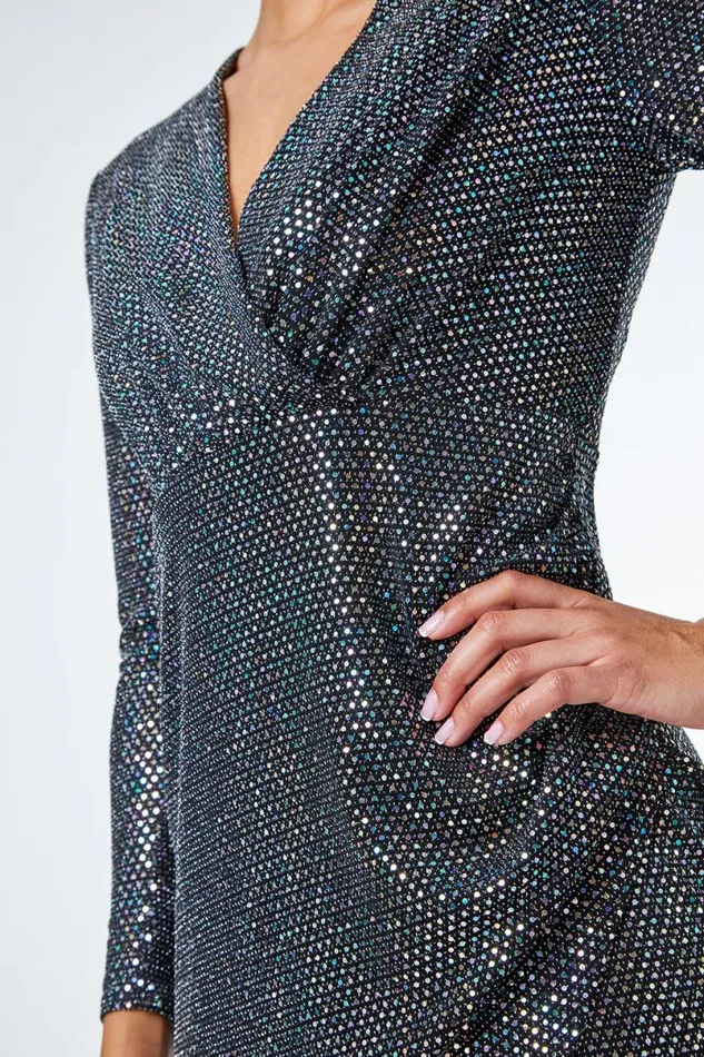 Black Petite Sparkle Embellished Ruched Wrap Dress Women Roman Dresses
