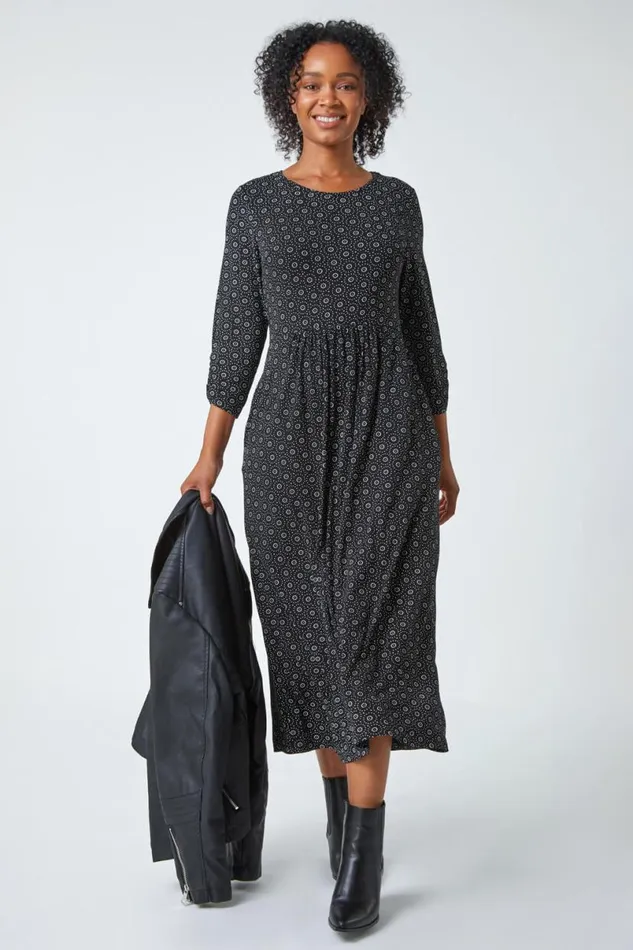 Black Petite Spot Pocket Stretch Ruched Midi Dress Women Roman Dresses