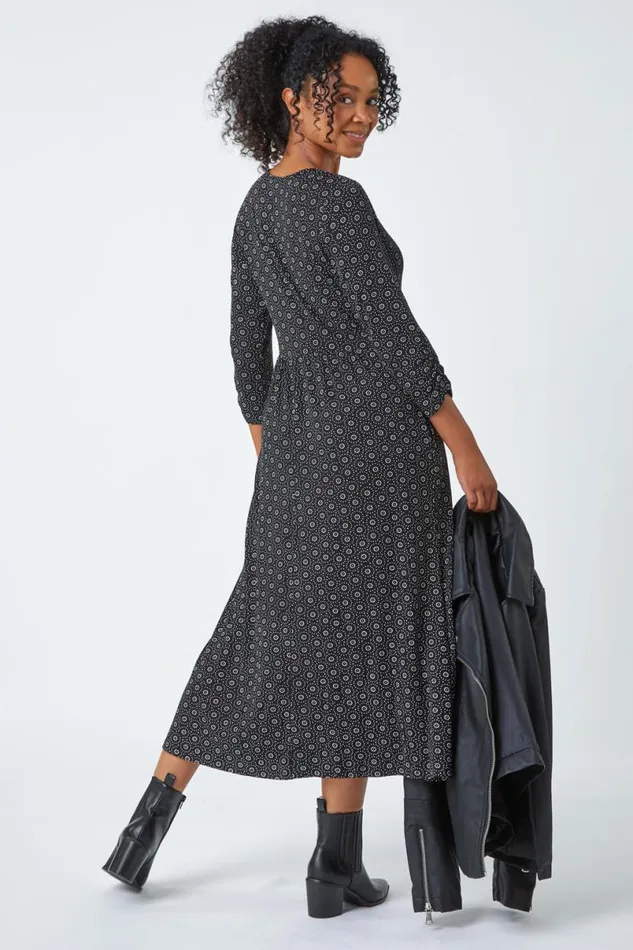 Black Petite Spot Pocket Stretch Ruched Midi Dress Women Roman Dresses