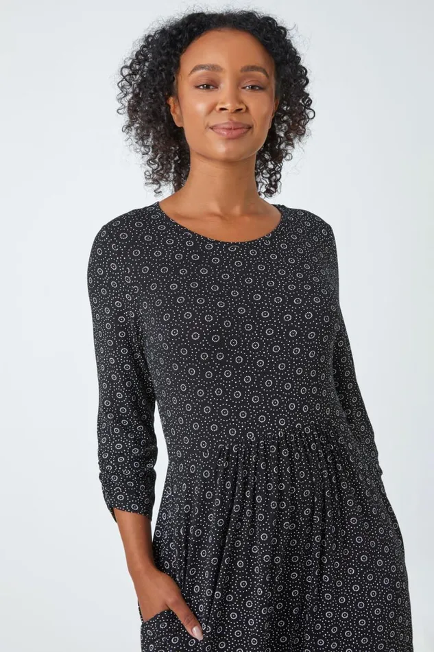 Black Petite Spot Pocket Stretch Ruched Midi Dress Women Roman Dresses