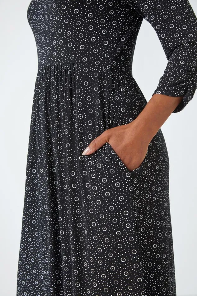 Black Petite Spot Pocket Stretch Ruched Midi Dress Women Roman Dresses