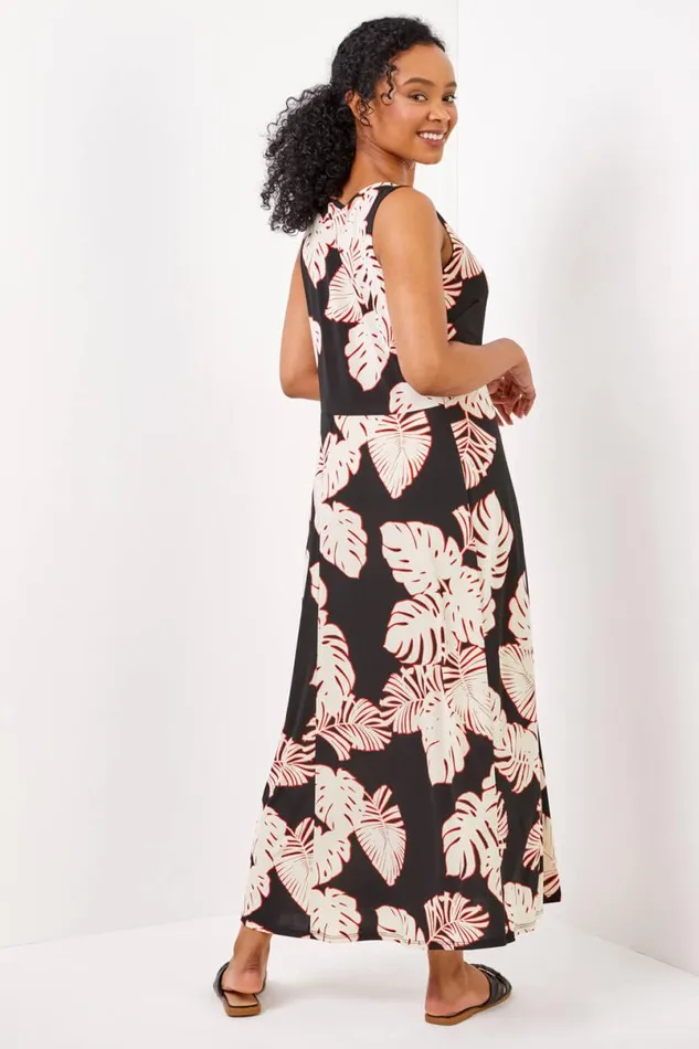 Black Petite Tropical Print Keyhole Detail Midi Dress Women Roman Dresses