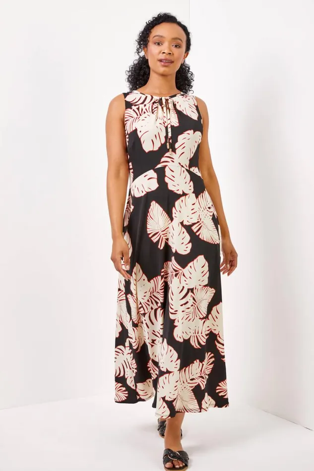 Black Petite Tropical Print Keyhole Detail Midi Dress Women Roman Dresses