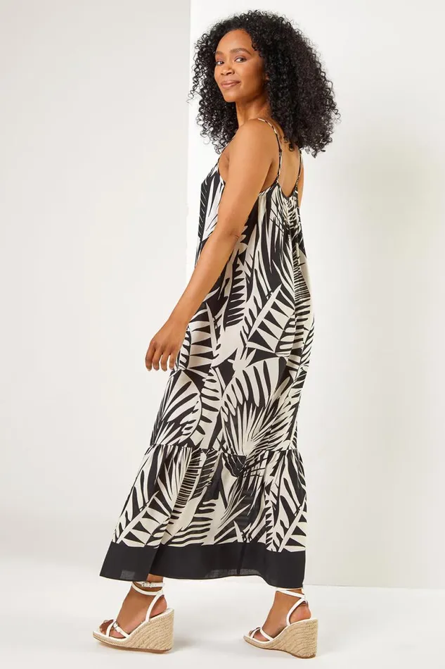 Black Petite Tropical Print Tiered Maxi Dress Women Roman Dresses