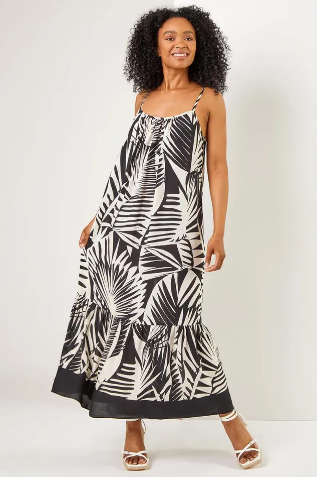 Black Petite Tropical Print Tiered Maxi Dress Women Roman Dresses