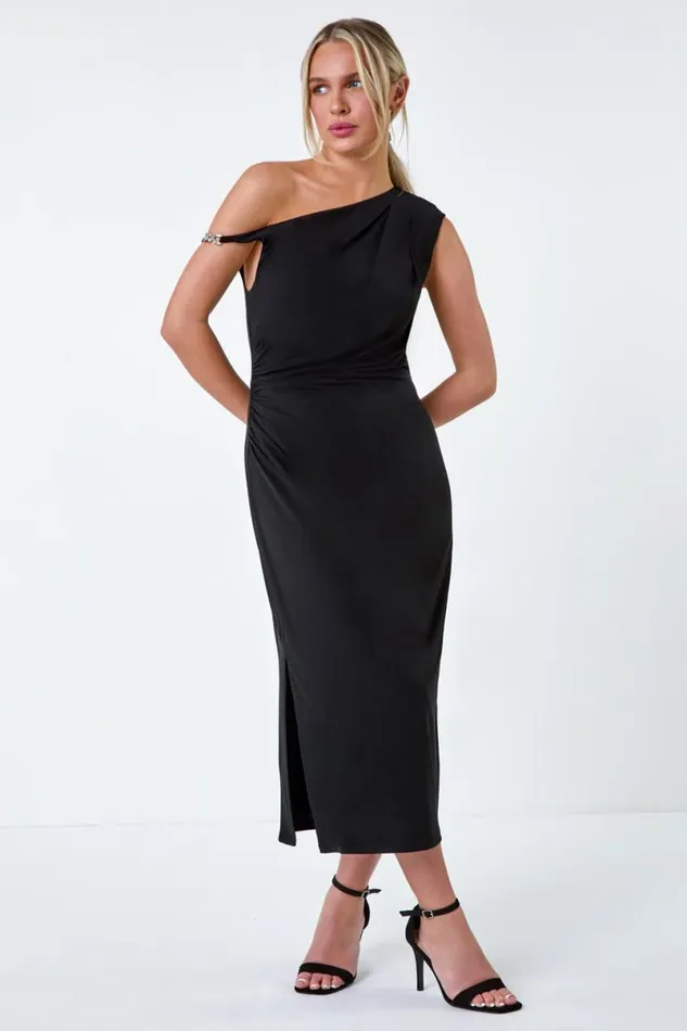 Black Petite Twist Detail Ruched Stretch Dress Women Roman Dresses
