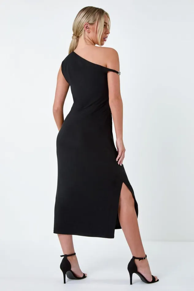 Black Petite Twist Detail Ruched Stretch Dress Women Roman Dresses