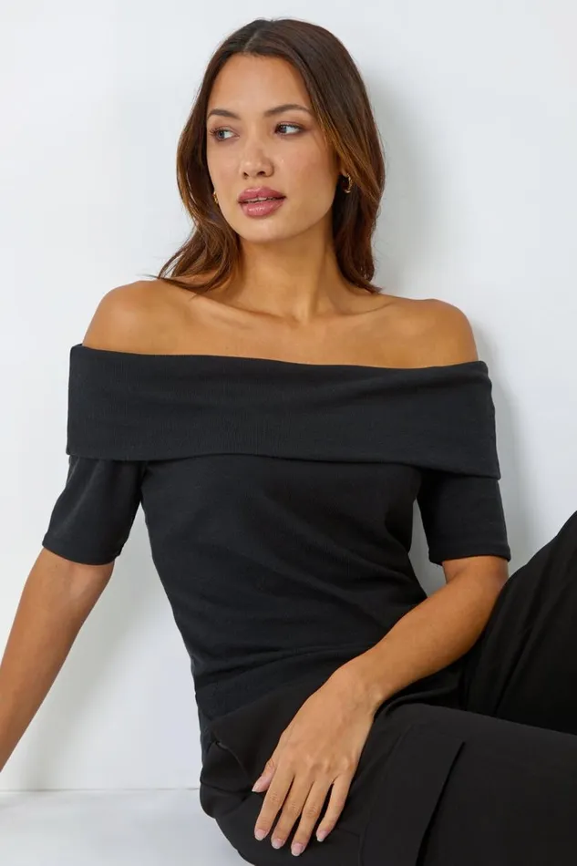 Black Ribbed Bardot Stretch Top Women Roman Tops