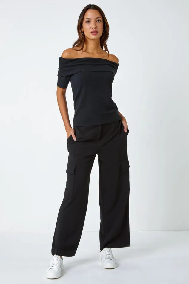 Black Ribbed Bardot Stretch Top Women Roman Tops