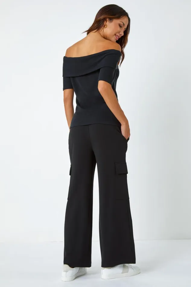 Black Ribbed Bardot Stretch Top Women Roman Tops