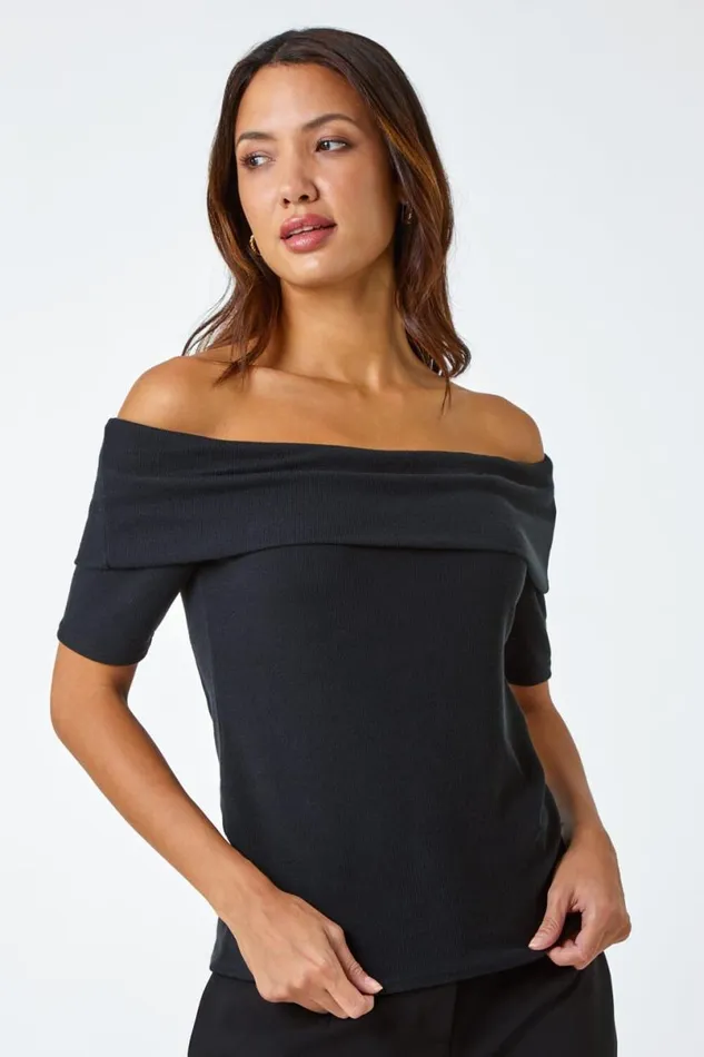Black Ribbed Bardot Stretch Top Women Roman Tops