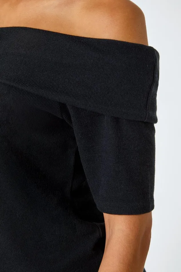 Black Ribbed Bardot Stretch Top Women Roman Tops