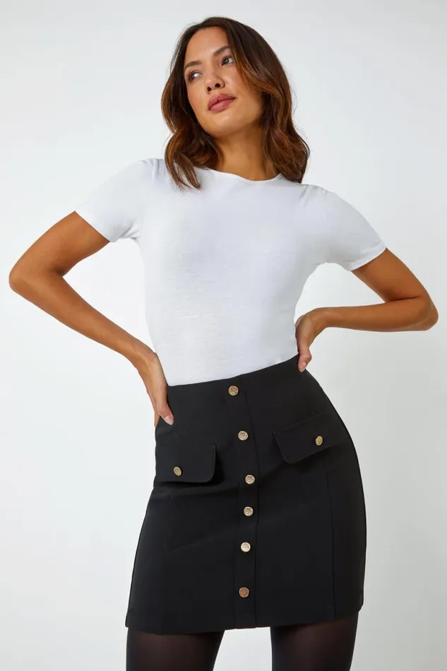 Black Ribbed Elastic Waist Button A Line Skirt Women Roman Skirts