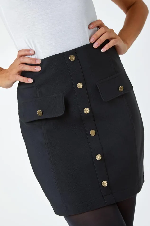 Black Ribbed Elastic Waist Button A Line Skirt Women Roman Skirts