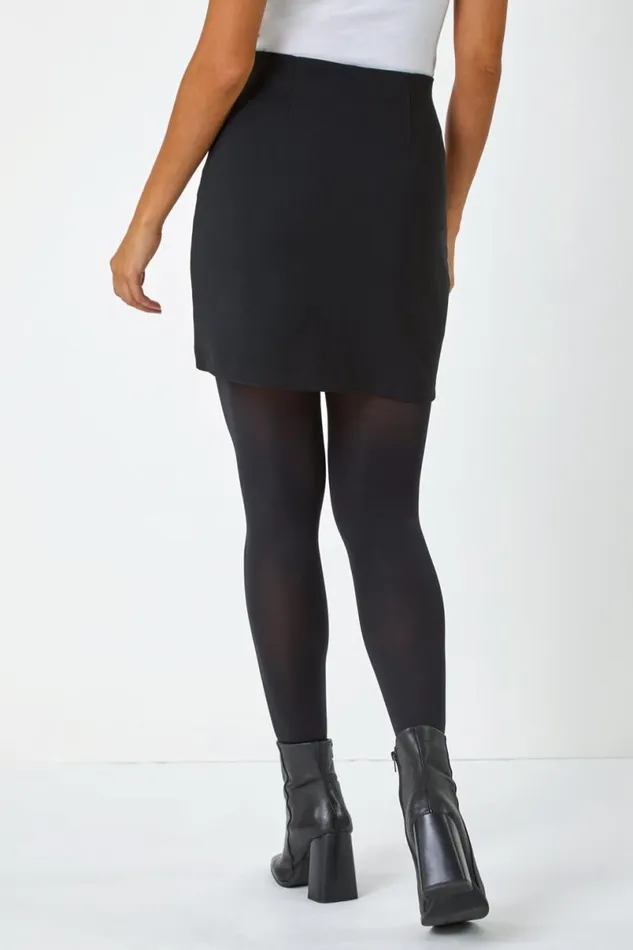 Black Ribbed Elastic Waist Button A Line Skirt Women Roman Skirts