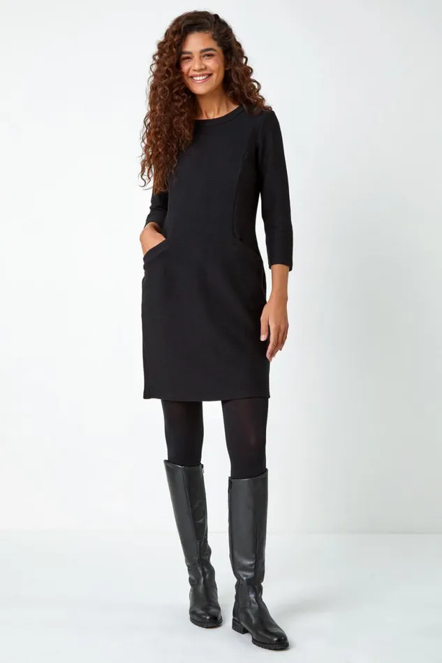 Black Ribbed Pocket Detail Shift Stretch Dress Women Roman Dresses