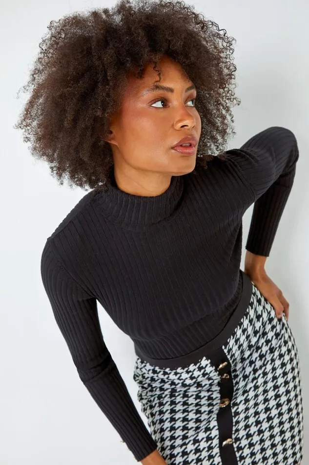Black Ribbed Turtle Neck Jumper Women Roman Knitwear