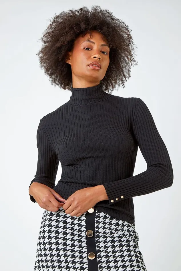 Black Ribbed Turtle Neck Jumper Women Roman Knitwear