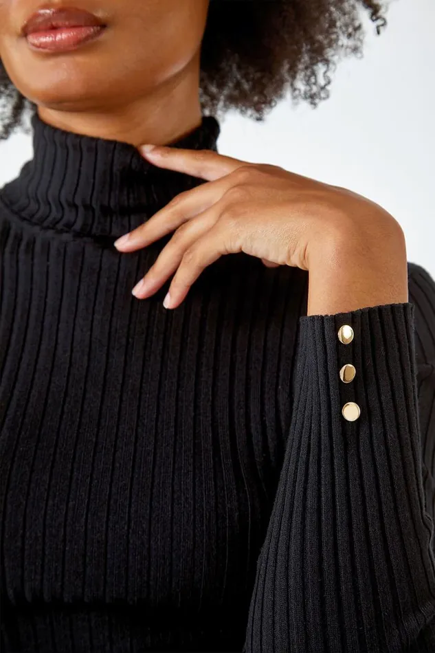 Black Ribbed Turtle Neck Jumper Women Roman Knitwear