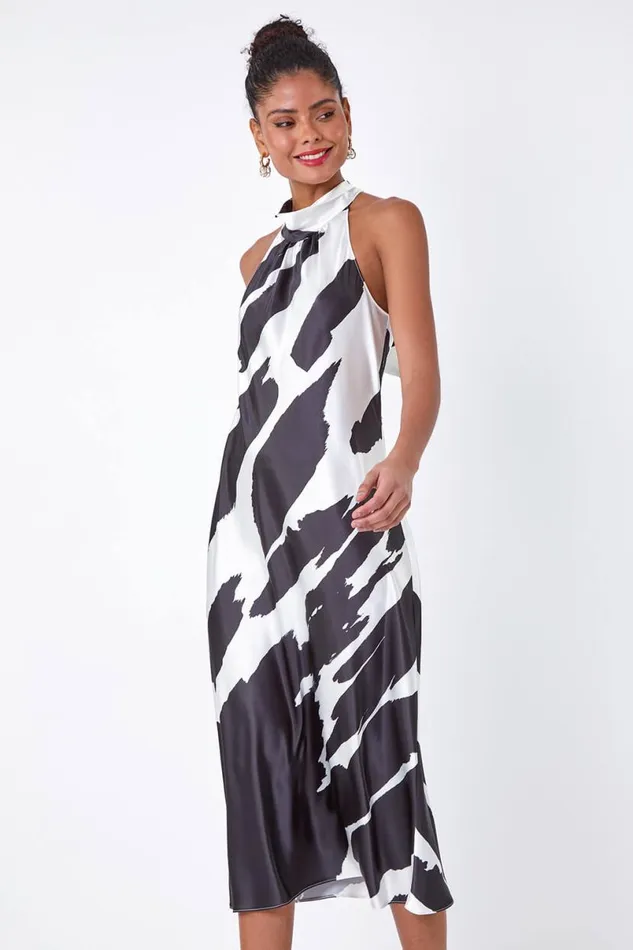 Black Satin Abstract Print Halterneck Dress Women Roman Dresses