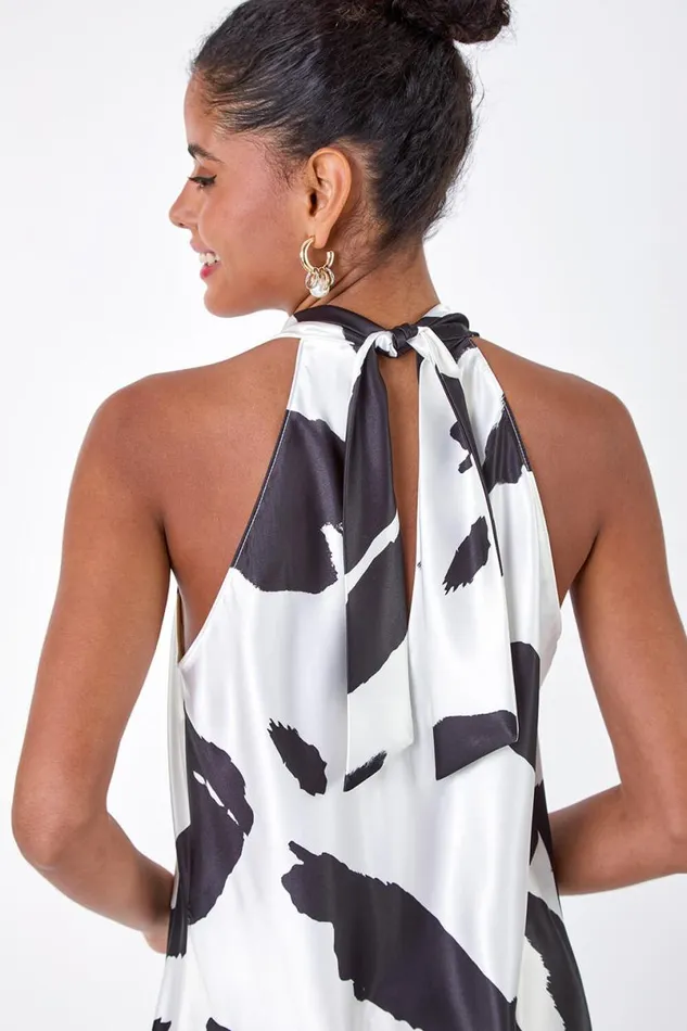Black Satin Abstract Print Halterneck Dress Women Roman Dresses