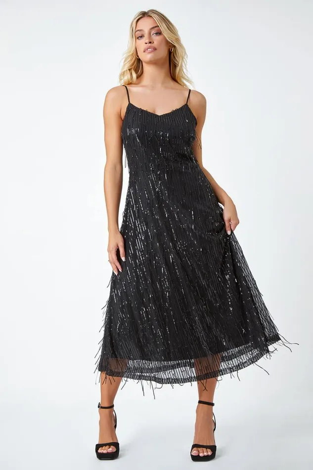 Black Sequin Tassel Midi Stretch Dress Women Roman Dresses
