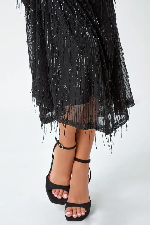 Black Sequin Tassel Midi Stretch Dress Women Roman Dresses