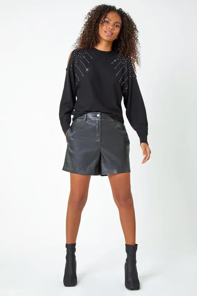 Black Sparkle Cold Shoulder Jumper Women Roman Knitwear