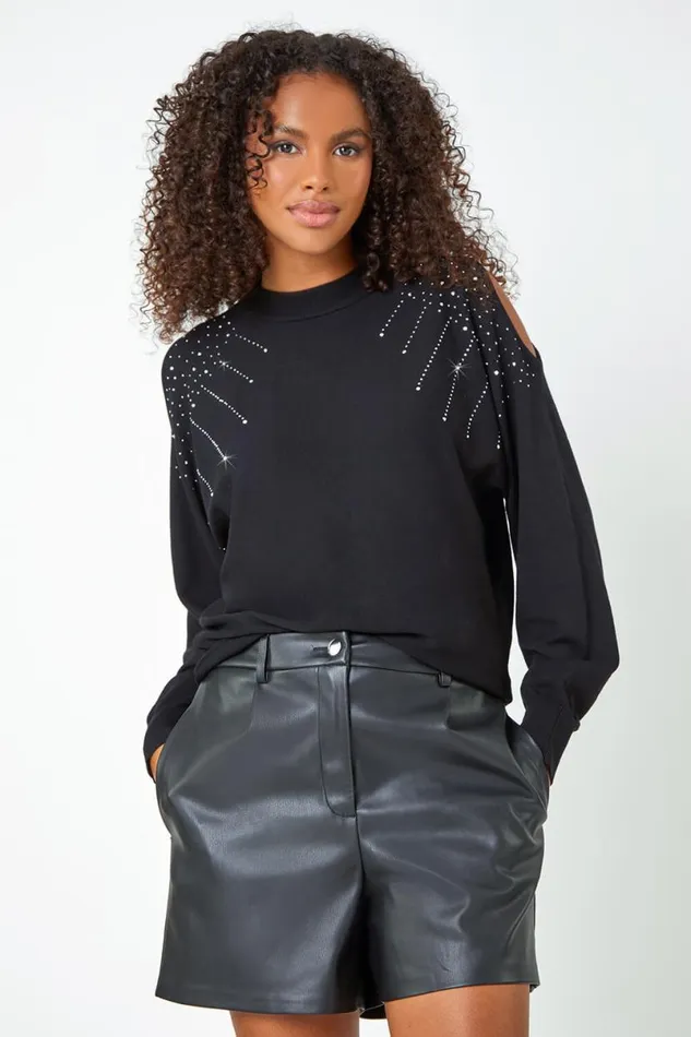 Black Sparkle Cold Shoulder Jumper Women Roman Knitwear
