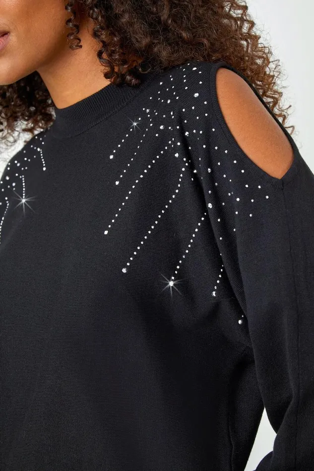 Black Sparkle Cold Shoulder Jumper Women Roman Knitwear