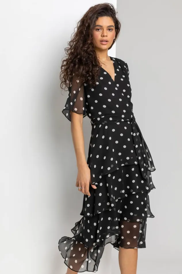 Black Spot Print Chiffon Frill Tiered Midi Dress Women Roman Dresses