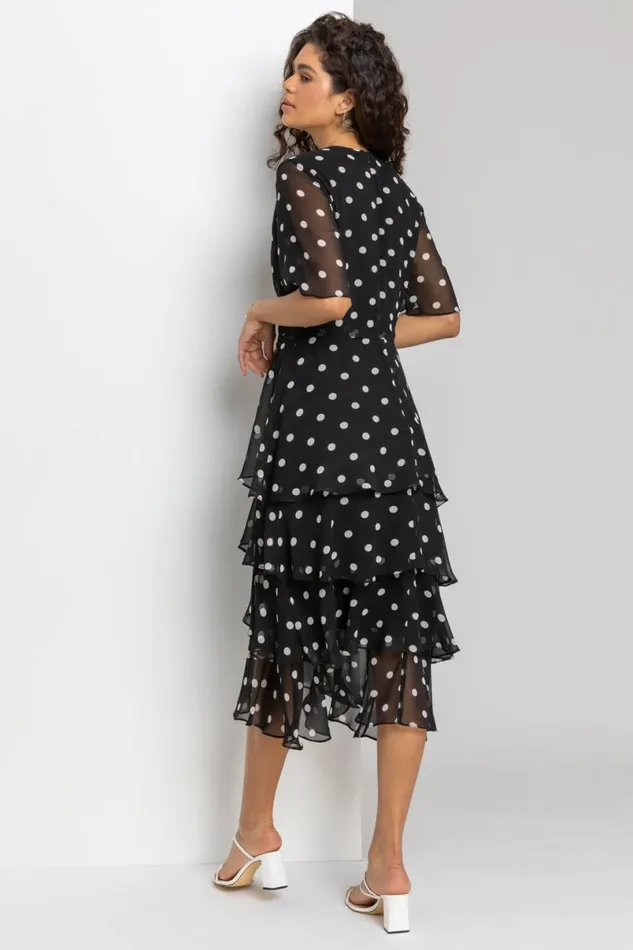 Black Spot Print Chiffon Frill Tiered Midi Dress Women Roman Dresses