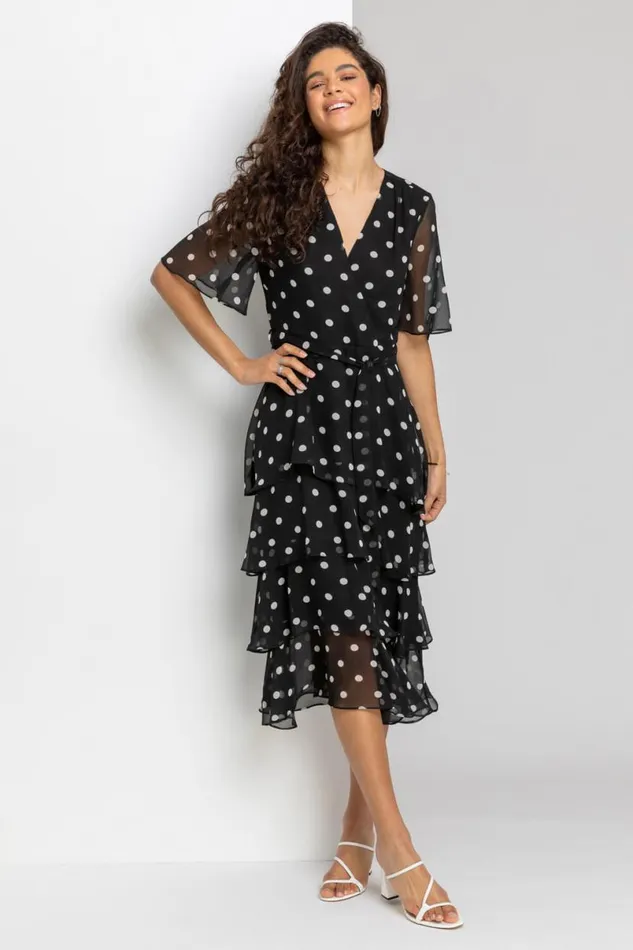Black Spot Print Chiffon Frill Tiered Midi Dress Women Roman Dresses
