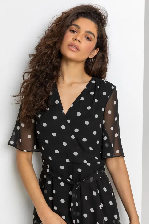 Black Spot Print Chiffon Frill Tiered Midi Dress Women Roman Dresses
