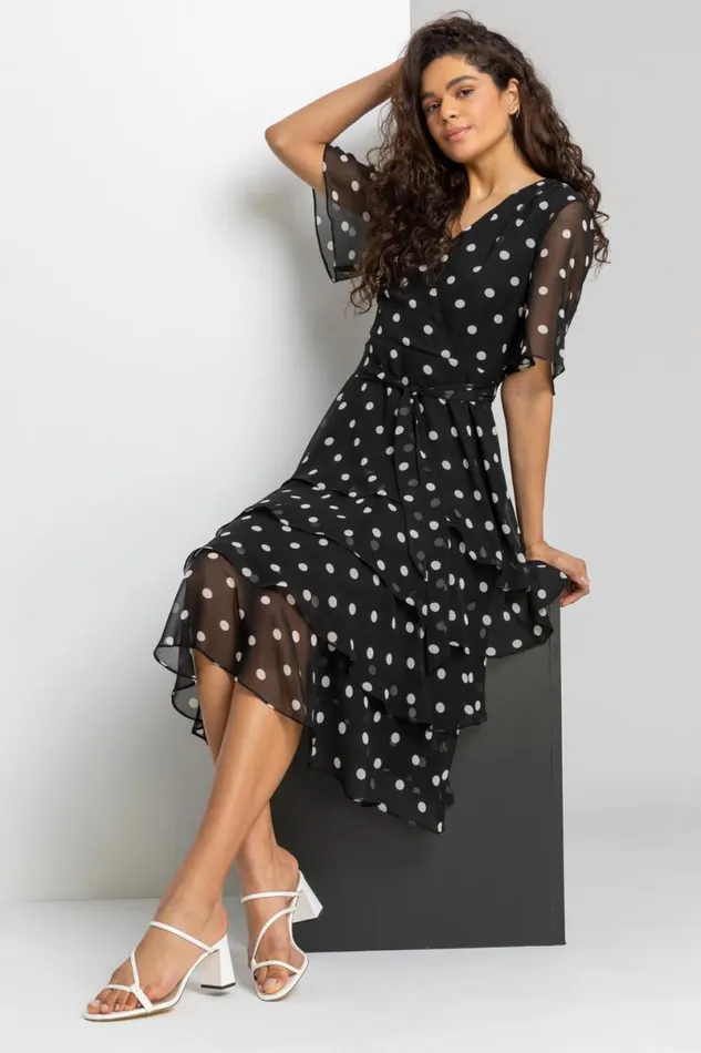 Black Spot Print Chiffon Frill Tiered Midi Dress Women Roman Dresses