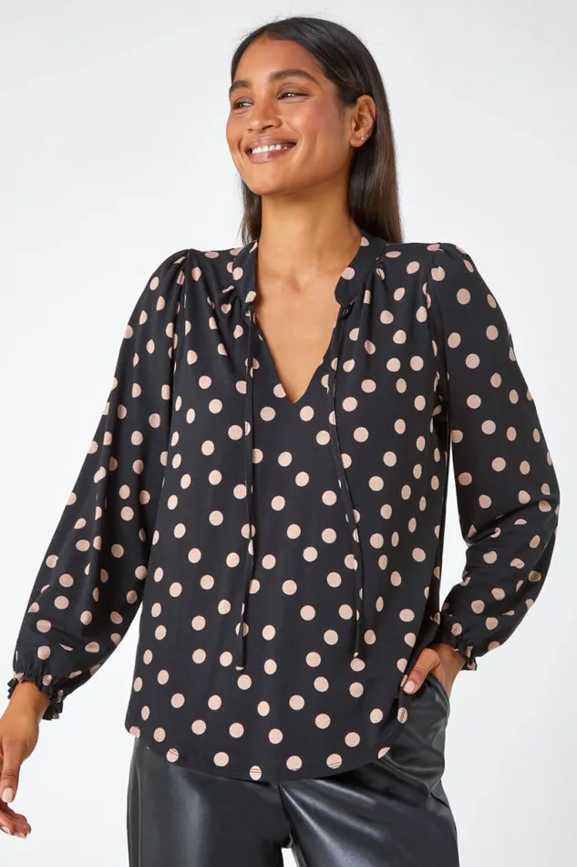 Black Spot Print Tie Detail Stretch Top Women Roman Tops