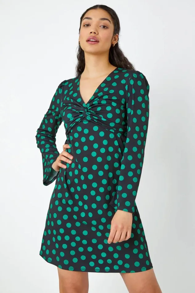 Black Spot Print Twist Front Dress Women Roman Dresses