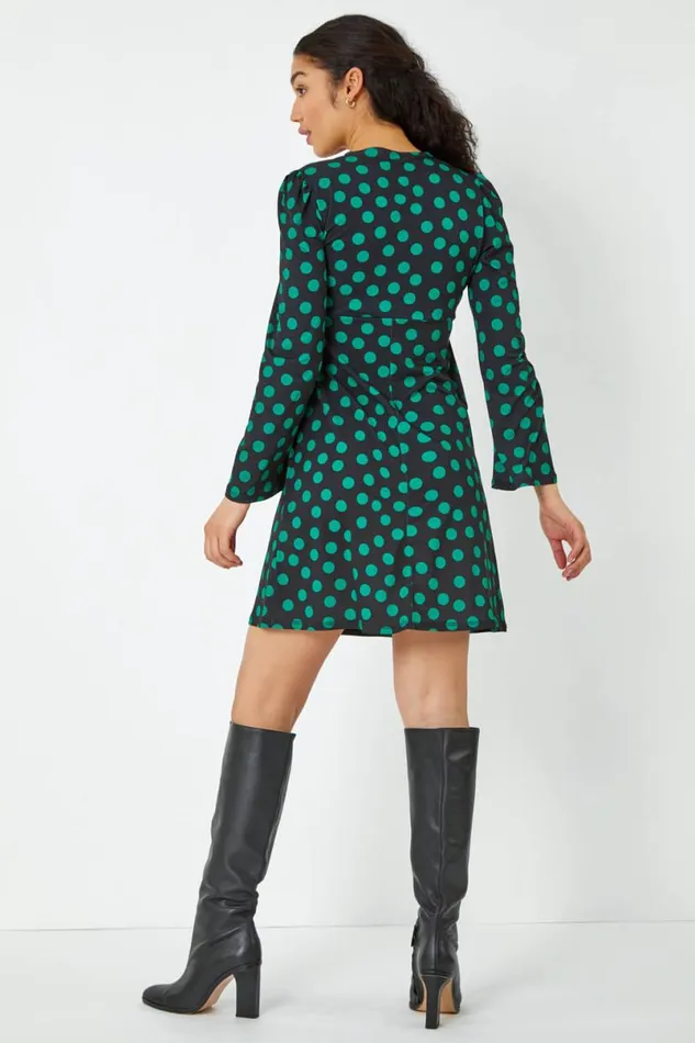 Black Spot Print Twist Front Dress Women Roman Dresses