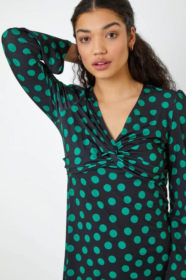 Black Spot Print Twist Front Dress Women Roman Dresses