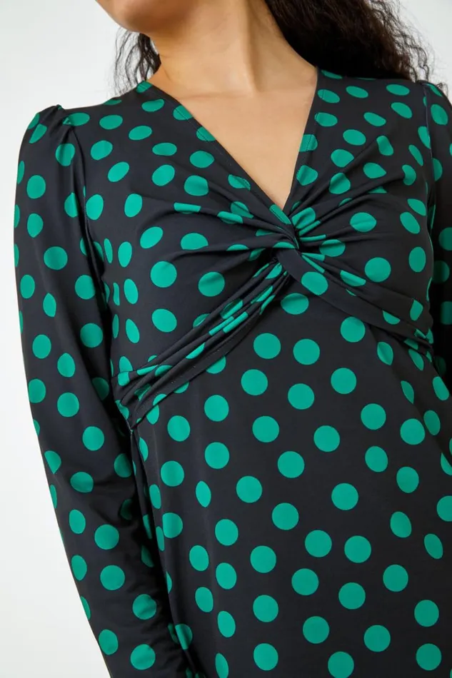 Black Spot Print Twist Front Dress Women Roman Dresses