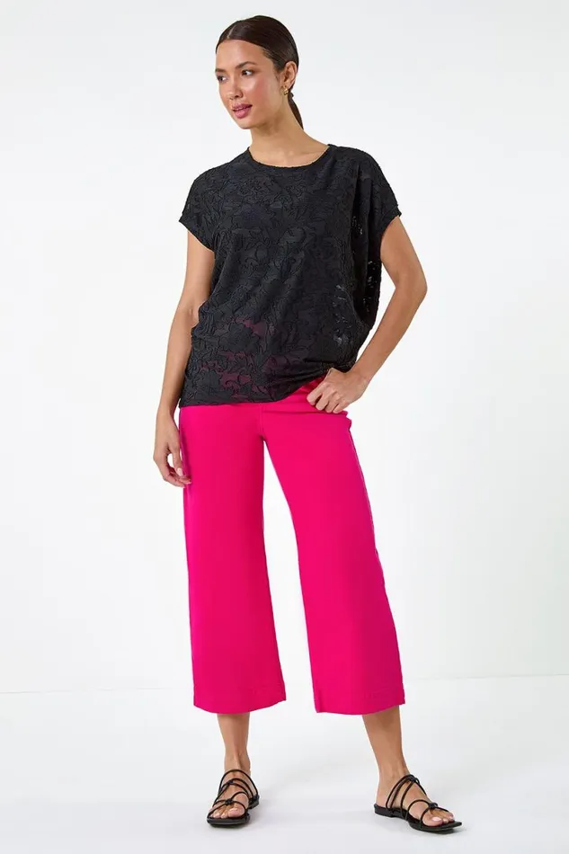 Black Textured Floral Stretch Cocoon Top Women Roman Tops