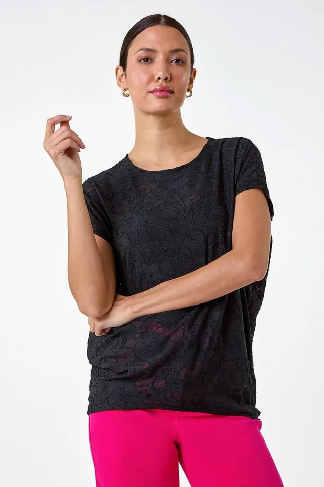 Black Textured Floral Stretch Cocoon Top Women Roman Tops