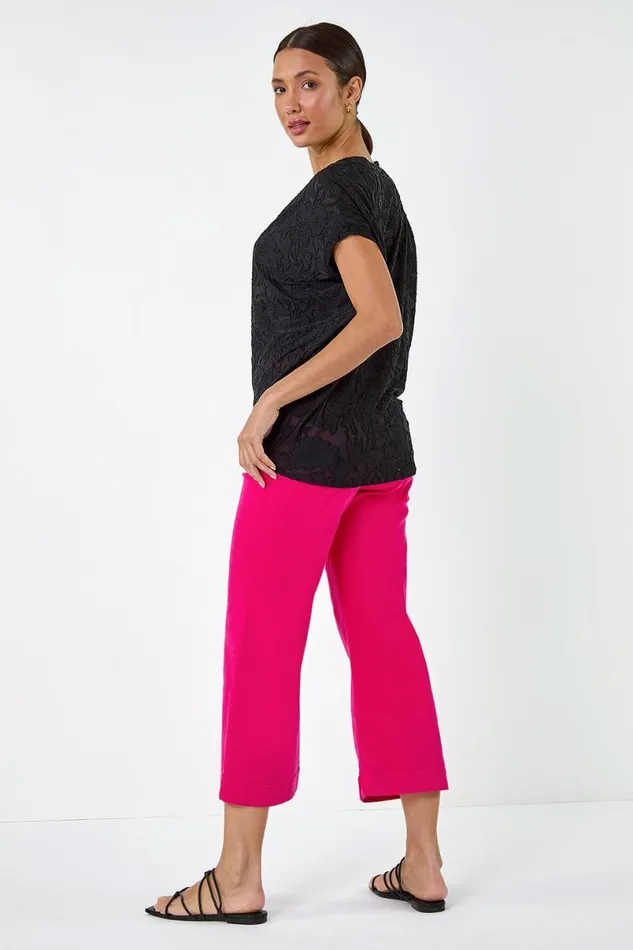 Black Textured Floral Stretch Cocoon Top Women Roman Tops